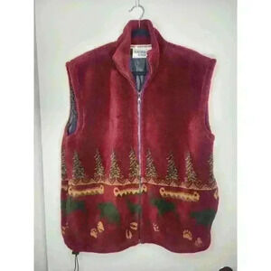 Vtg Glacier Gear Outdoor Fleece Vest Mens L or Wms XL Moose Bear‎ Trees Alaska